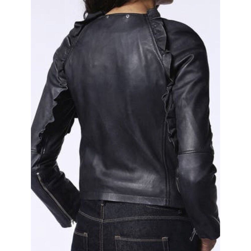 DIESEL Women's LEATHER JACKET Charcoal Gray L’HEZE Ruffle Detail NWT - Picture 9 of 10